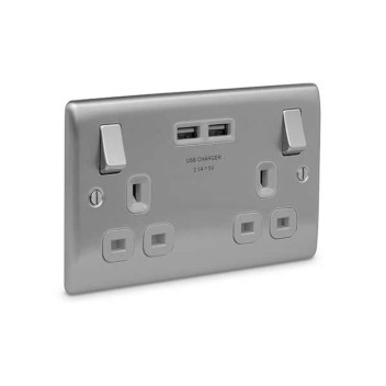 BG Double Socket Outlet Brushed Steel 2G Switched 2 USB Ports
